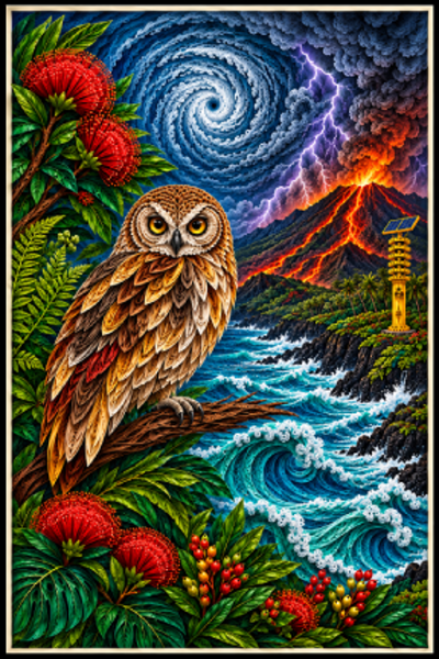 Hawaiian pueo emergency preparedness artwork for the siren net